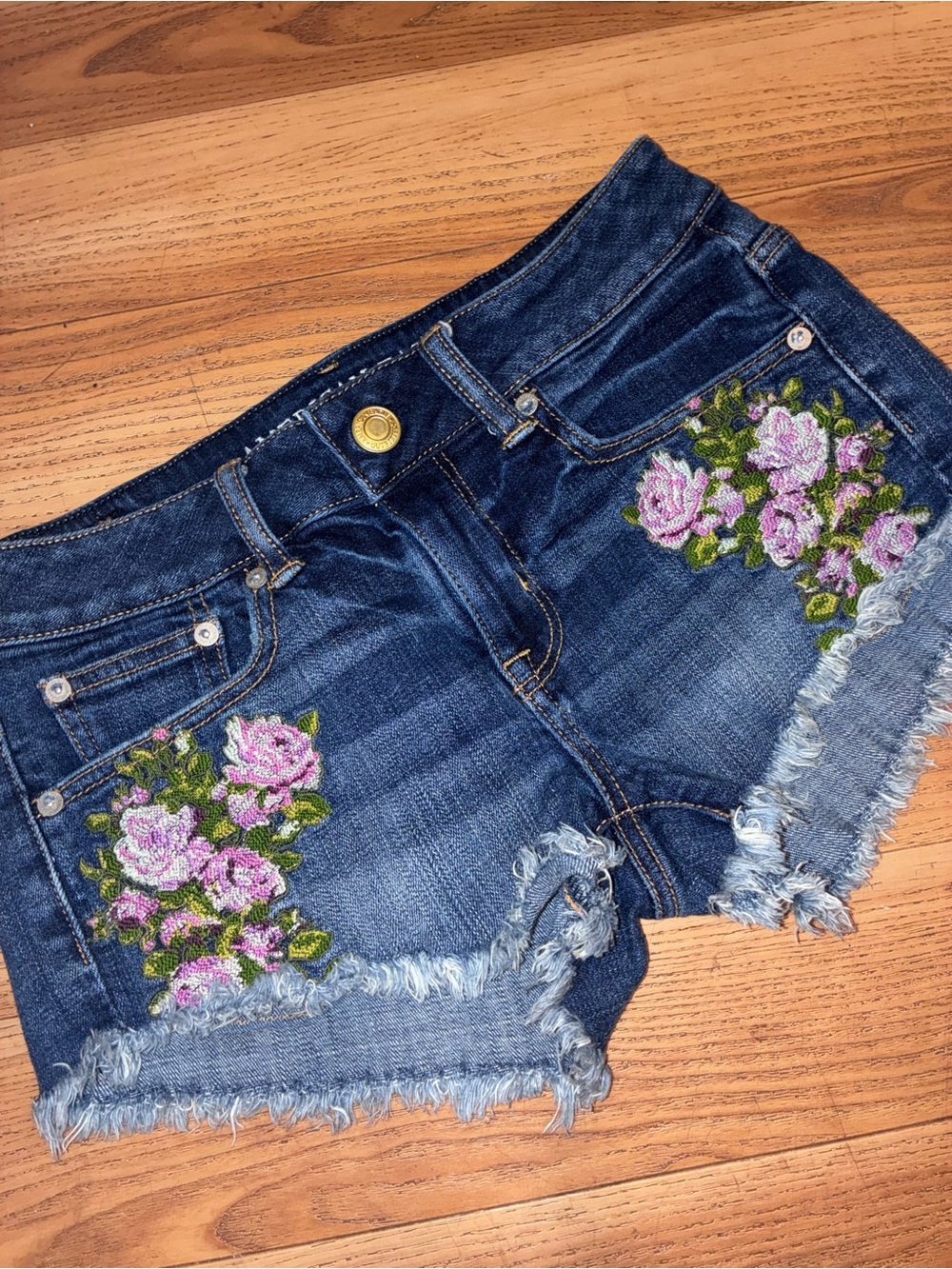 American Eagle Outfitters Dark Blue Denim Shorts with Pink Floral Embroidery